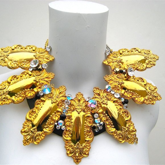 GOLD SCROLL COLLAR + SWAROVSKI RHINESTONES OOAK - Picture 2 of 2